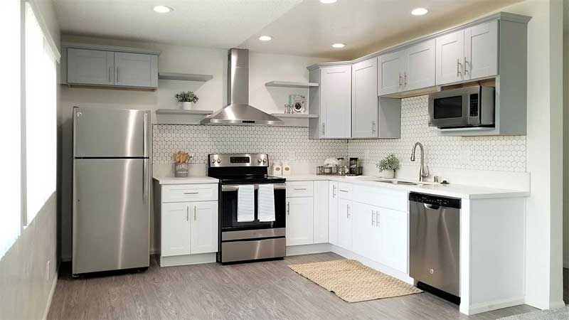 Kitchen interior photo at Bleu Apartments