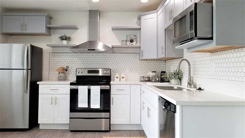 Kitchen interior photo at Bleu Apartments